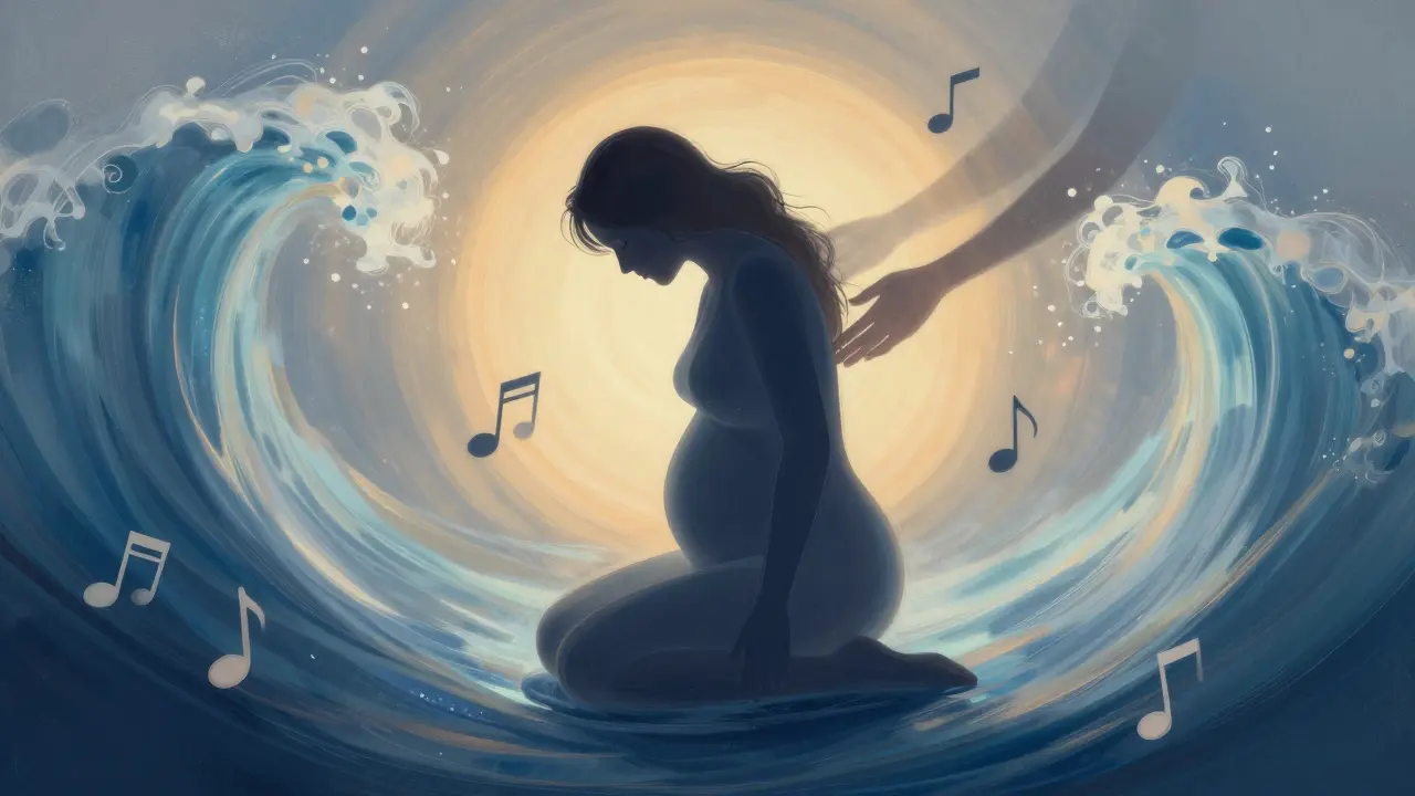 Konceptuální ilustrace ženy v aktivní poloze během porodu doprovázené vlnami světla.