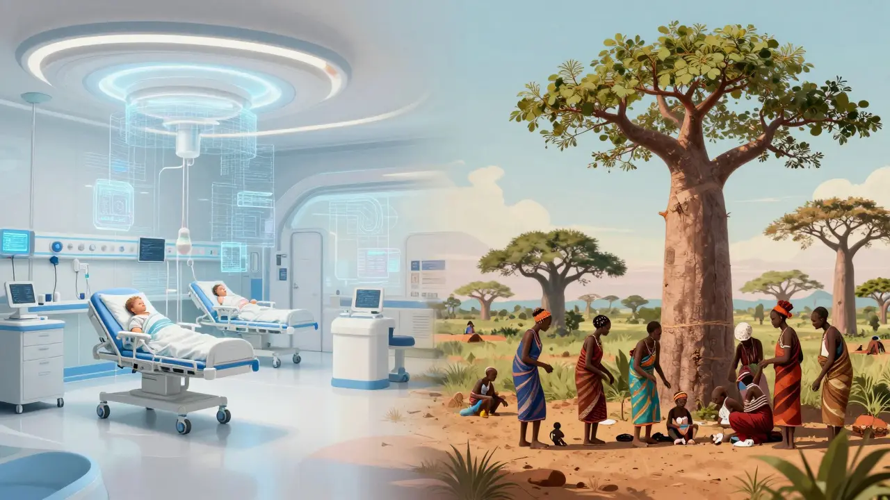 Konceptuální obraz kontrastu mezi moderní nemocnicí a přírodním porodem v Africe.