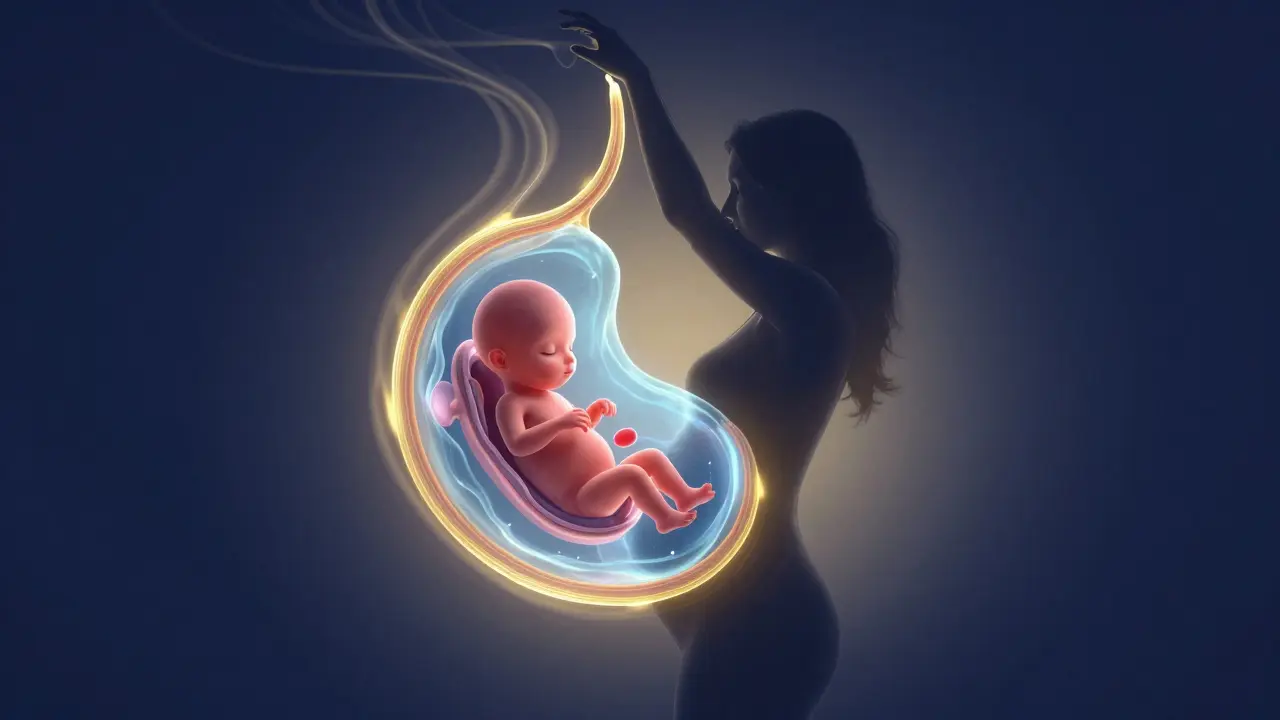 Konceptuální zobrazení plodu bezpečně chráněného v děloze při pohybu matky.