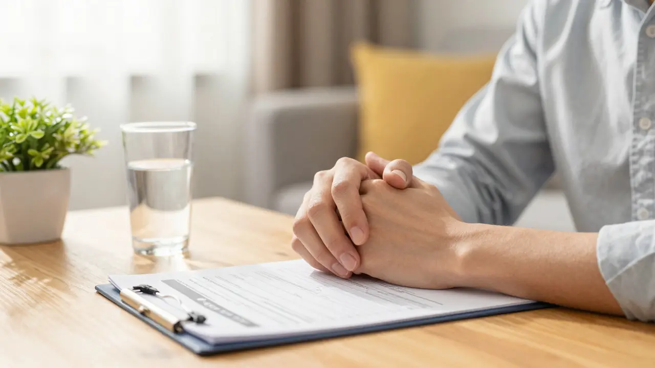 Manželský pár držící se za ruce vedle lékařských výsledků v teplém domácím prostředí.