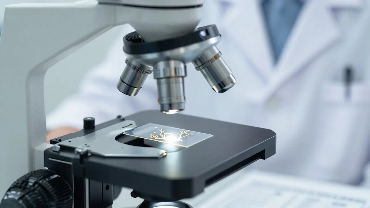 Mikroskopický pohled na kvasinkové nitky během lékařské diagnostiky.