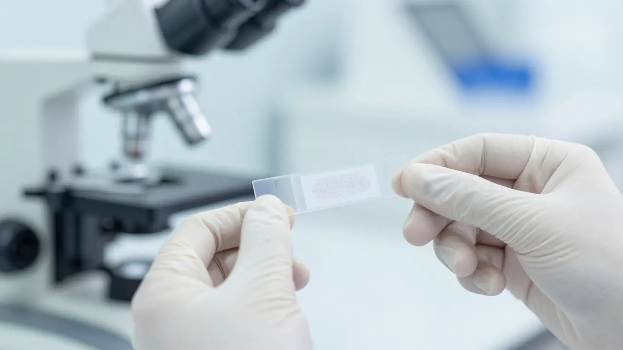 Mikroskopický preparát buněk při cytologickém vyšetření v moderní laboratoři.