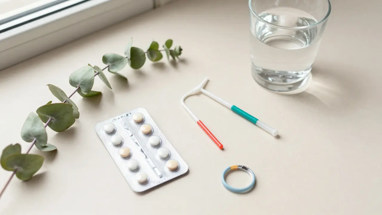 Moderní sestava různých typů antikoncepce na světlém podkladu.