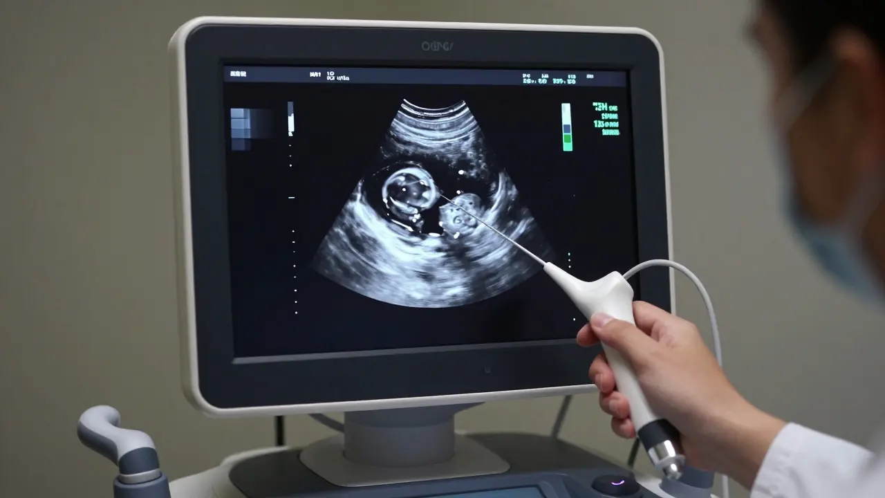 Monitor ultrazvového přístroje zobrazující detail vaječníku.