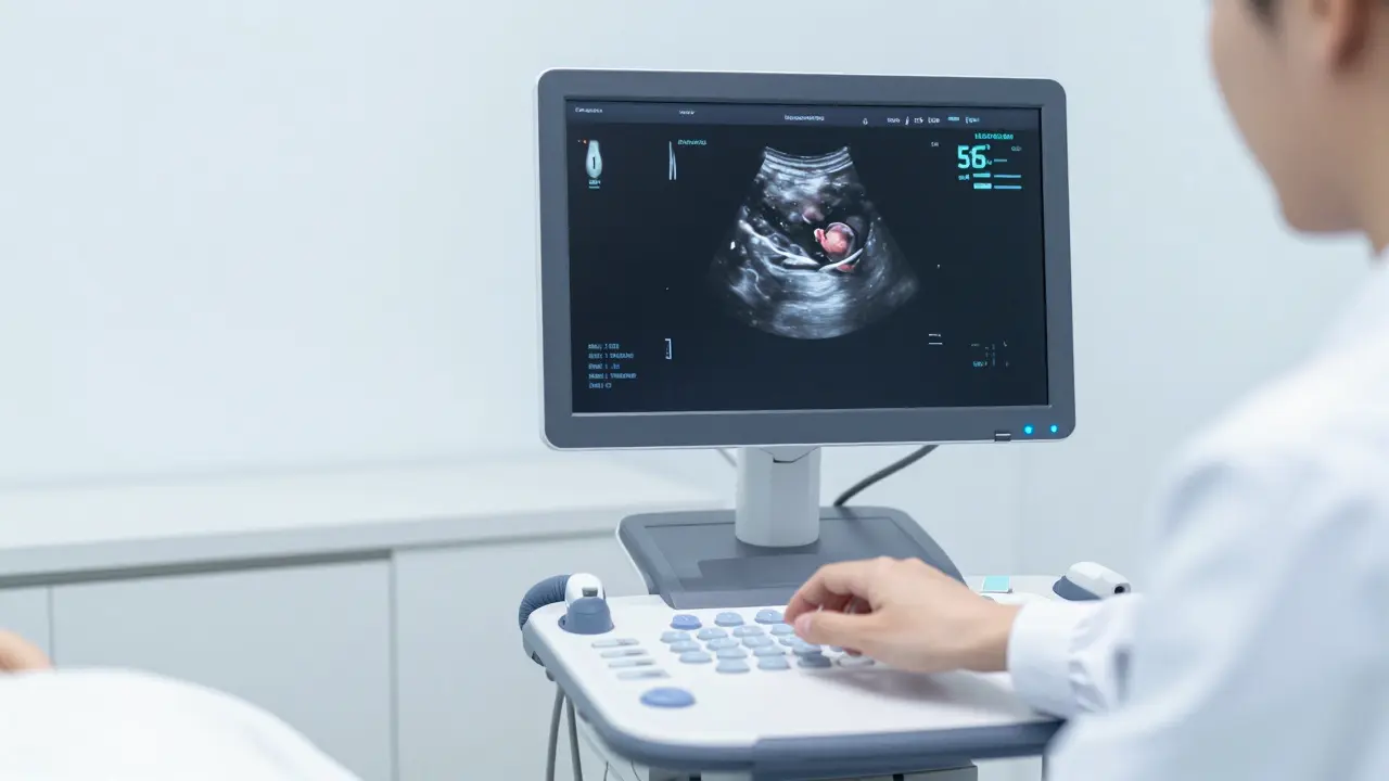 Monitor ultrazvuku zobrazující embryo v raném stádiu těhotenství.