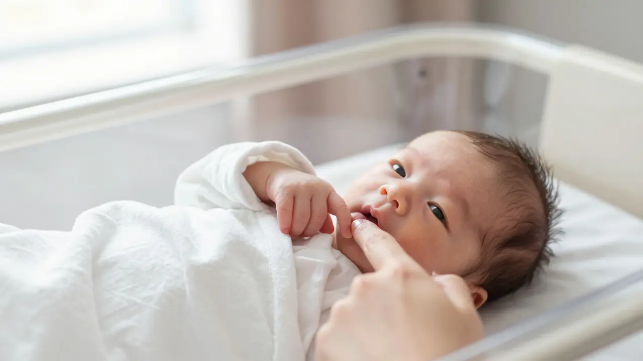 Novborné dítě v nemocniční kolébce držící prst rodiče v jemném přirozeném světle.