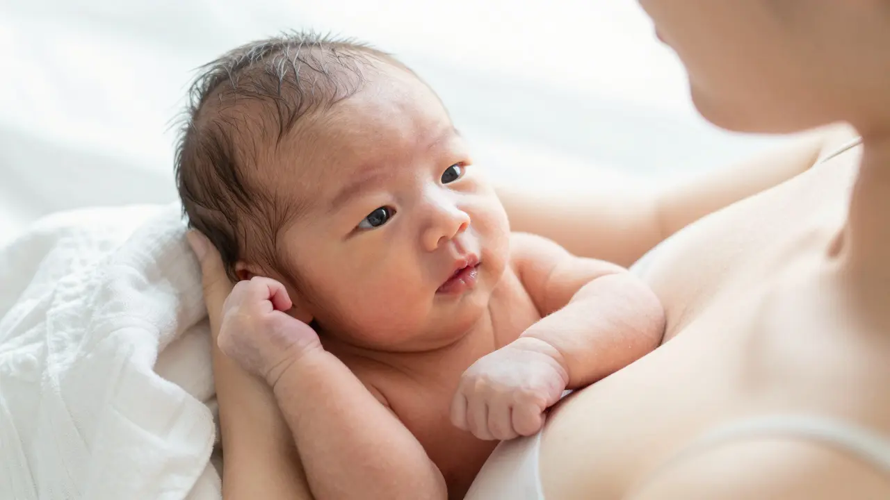 Novorozené dítě položené na hruď matky v jemném přirozeném světle.