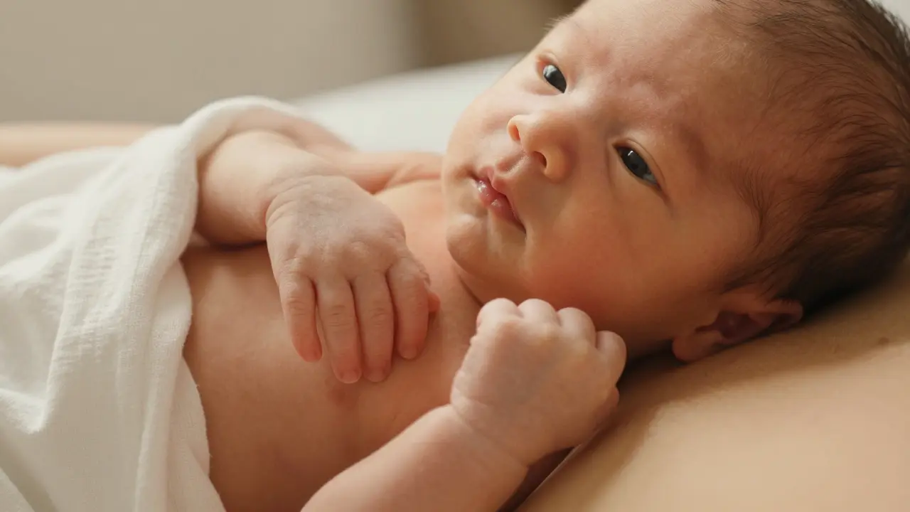 Novorozenounce na hruď matky během zlaté hodiny po porodu.