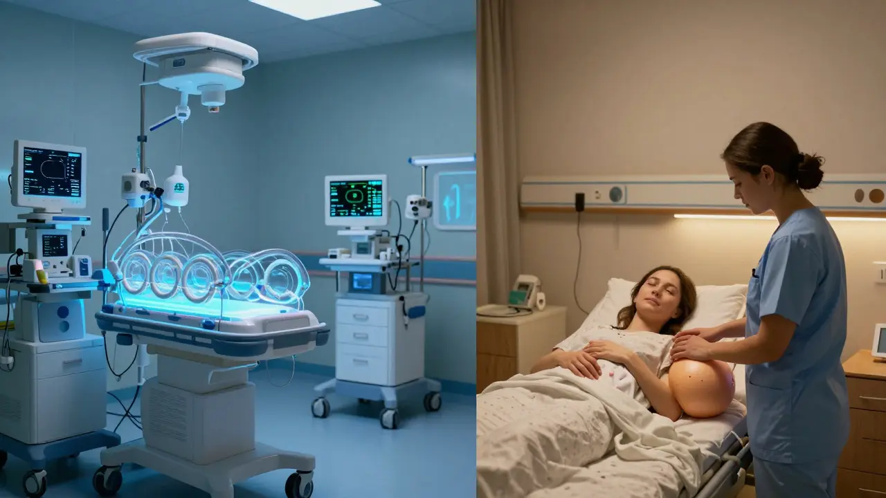 Srovnání moderního JIP pro novorozence a intimního prostředí malé porodnice.