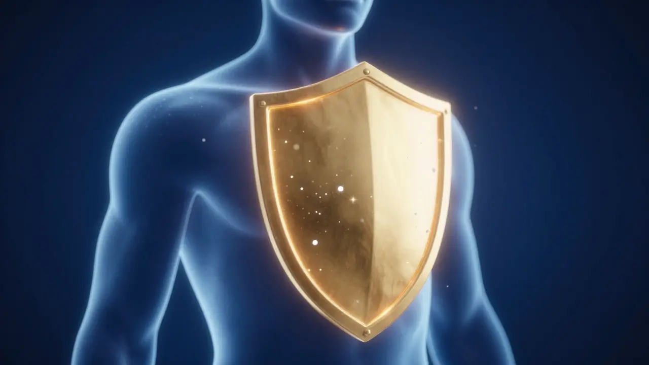 Symbolické znázornění silné imunity chránící ústní sliznici před kvasinkami.