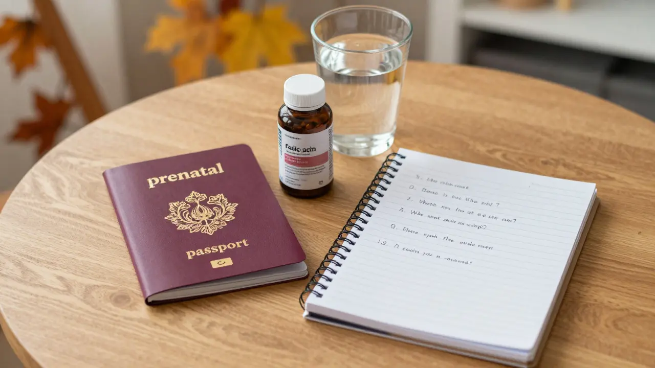 Těhotenská knížka, doplňky stravy s kyselinou listovou a seznam otázek.