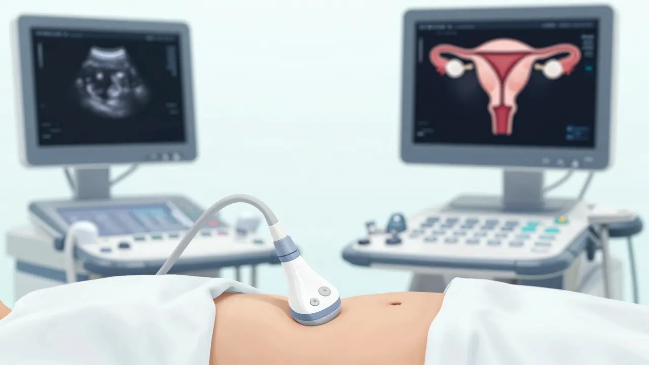  Ultrazvukové vyšetření břicha pro kontrolu dělohy a vaječníků u mladé pacientky.