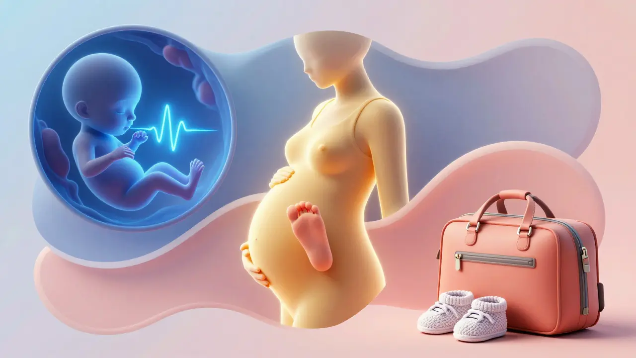 Umělecké znázornění tří trimestrů těhotenství od embrya po přípravu na porod.