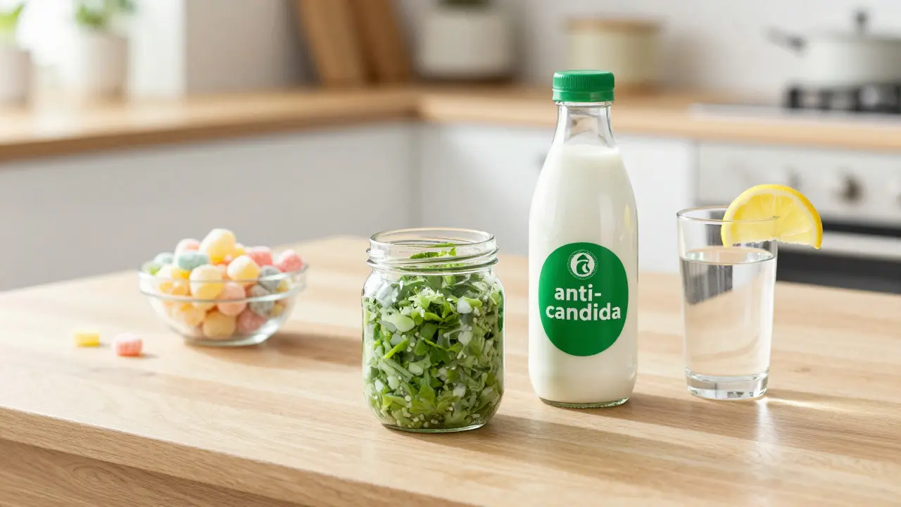 Zdravé potraviny jako kysané zelí a kefir, které pomáhají při léčbě kandidiózy.
