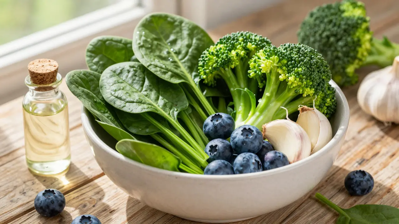 Zdravý talíř s česnekem, špenátem, brokolicí a borůvkami.