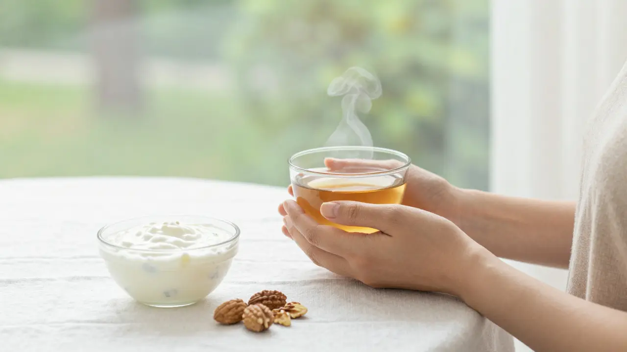 Žena s bylinkovým čajem a kefírem v klidném, světlém prostředí.