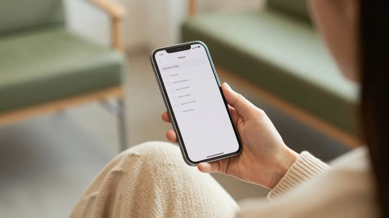 Žena s připraveným seznamem otázek v telefonu a hřejivým kardiganem.