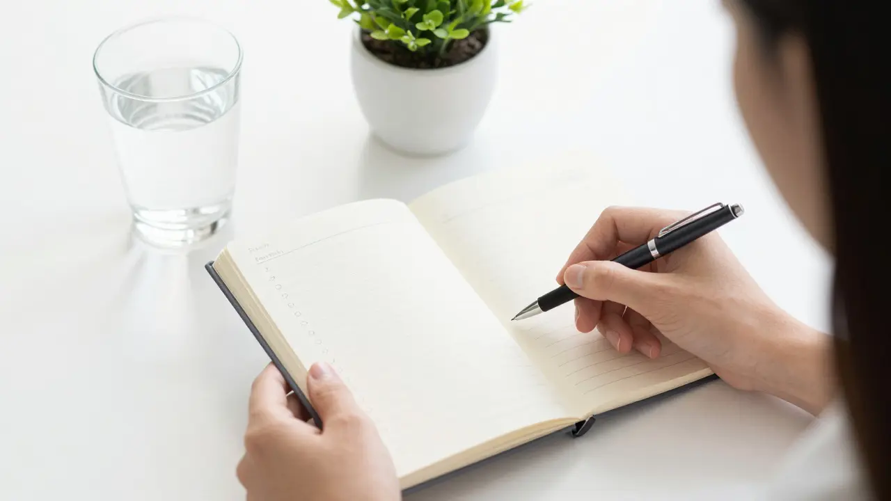 Žena si připravuje seznam otázek do zápisníku před návštěvou gynekologa.