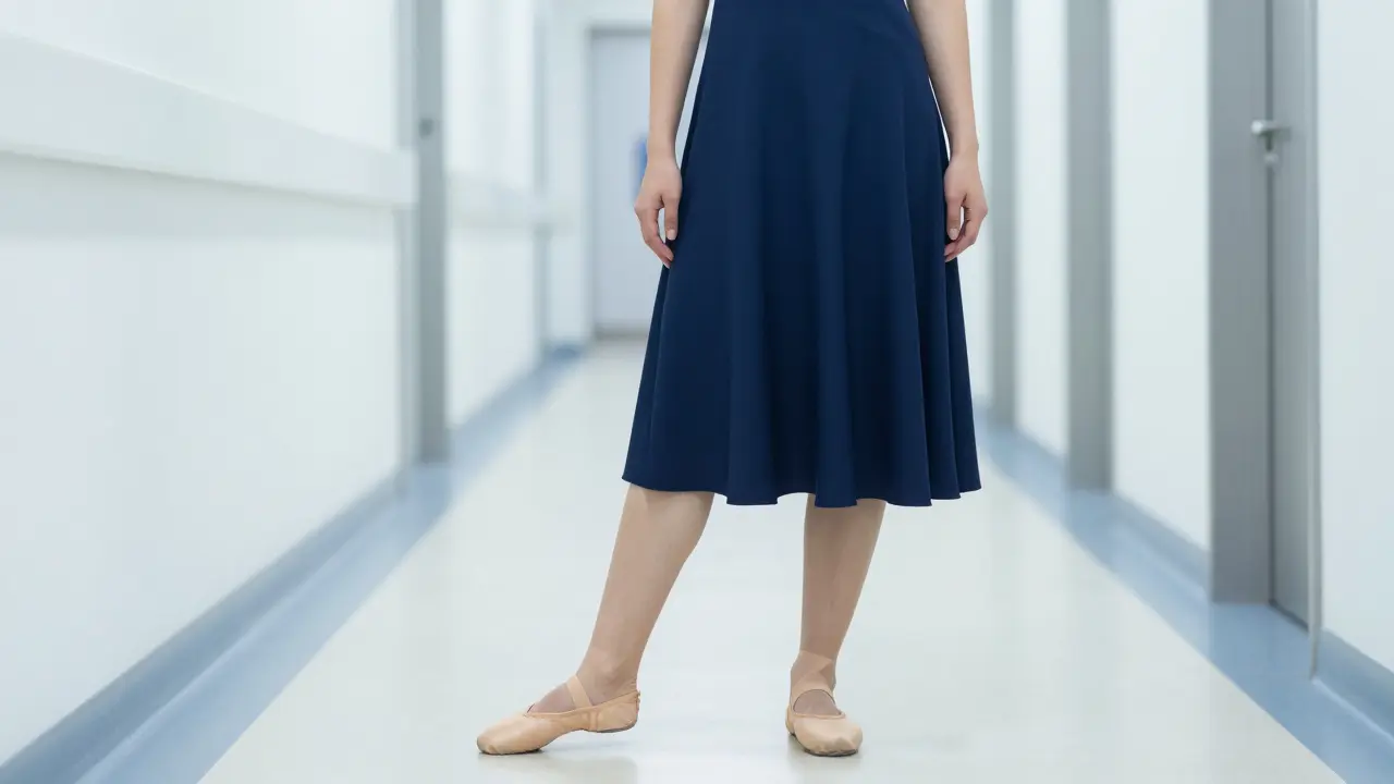 Žena v volné sukni a balerínkách v moderním lékařském prostředí.