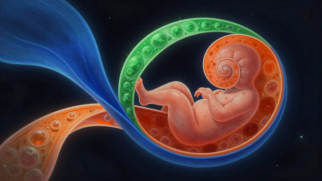 Abstraktní ilustrace tří buněčných vrstev embrya v barevných stuhách
