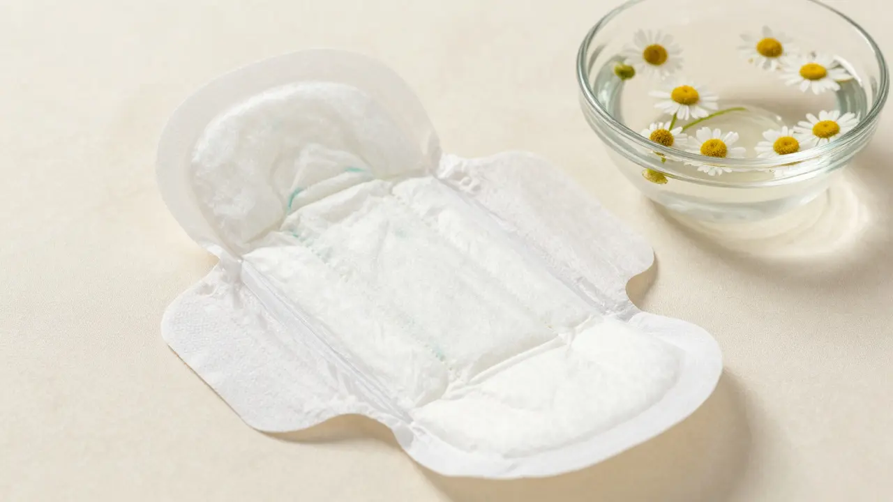 Čisté poporodní vložky a květiny heřmánku pro hygienu