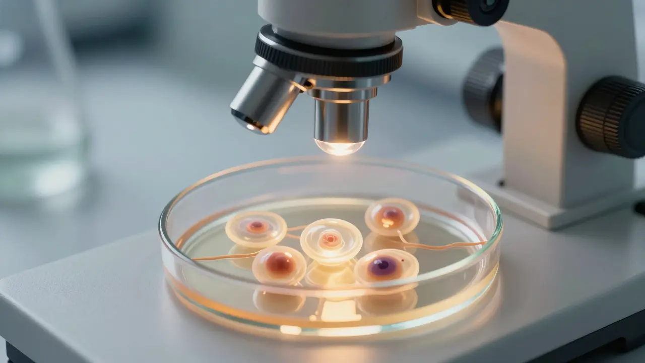 Detailní pohled na vývoj embryí v laboratoři pod mikroskopem