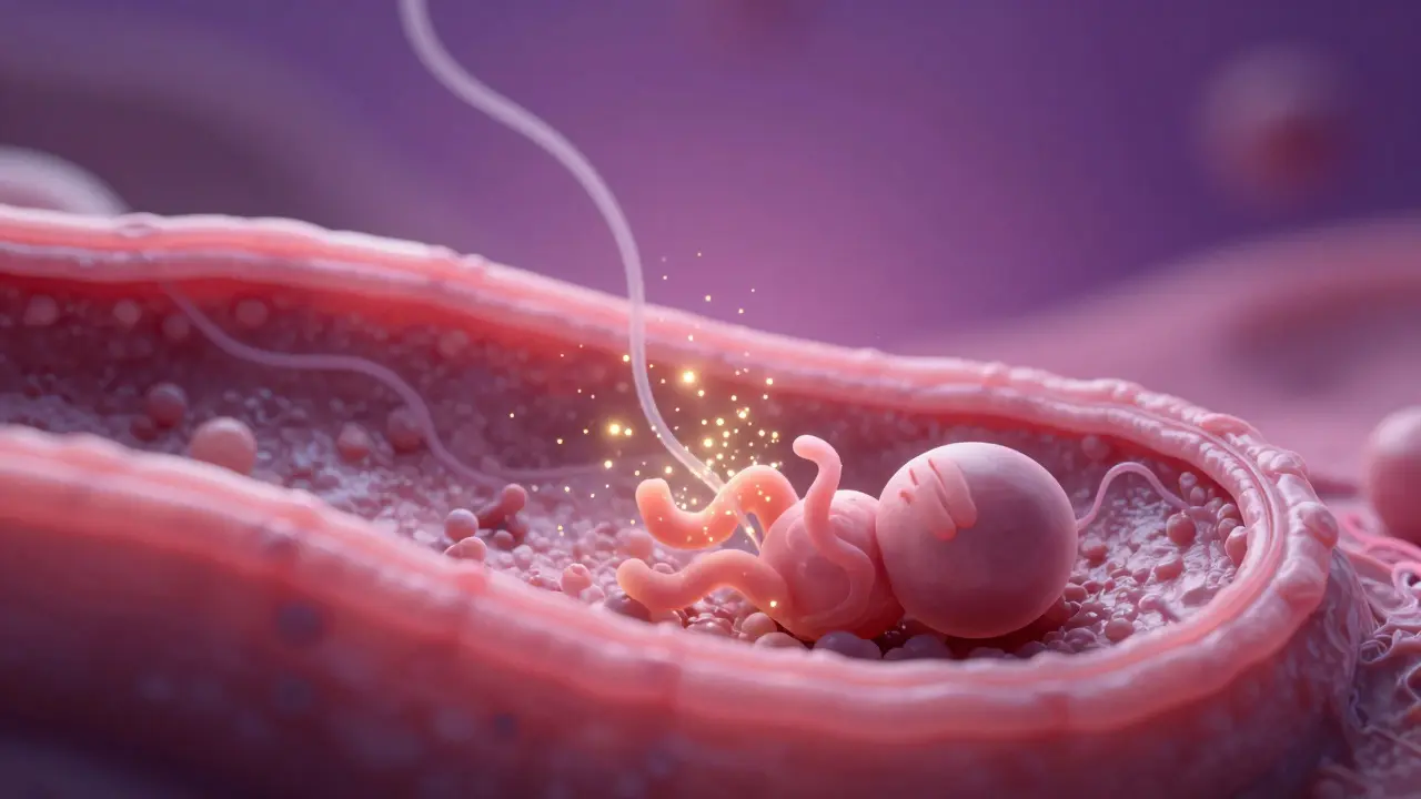 Embryo se implantuje do dělohy a produkuje hCG