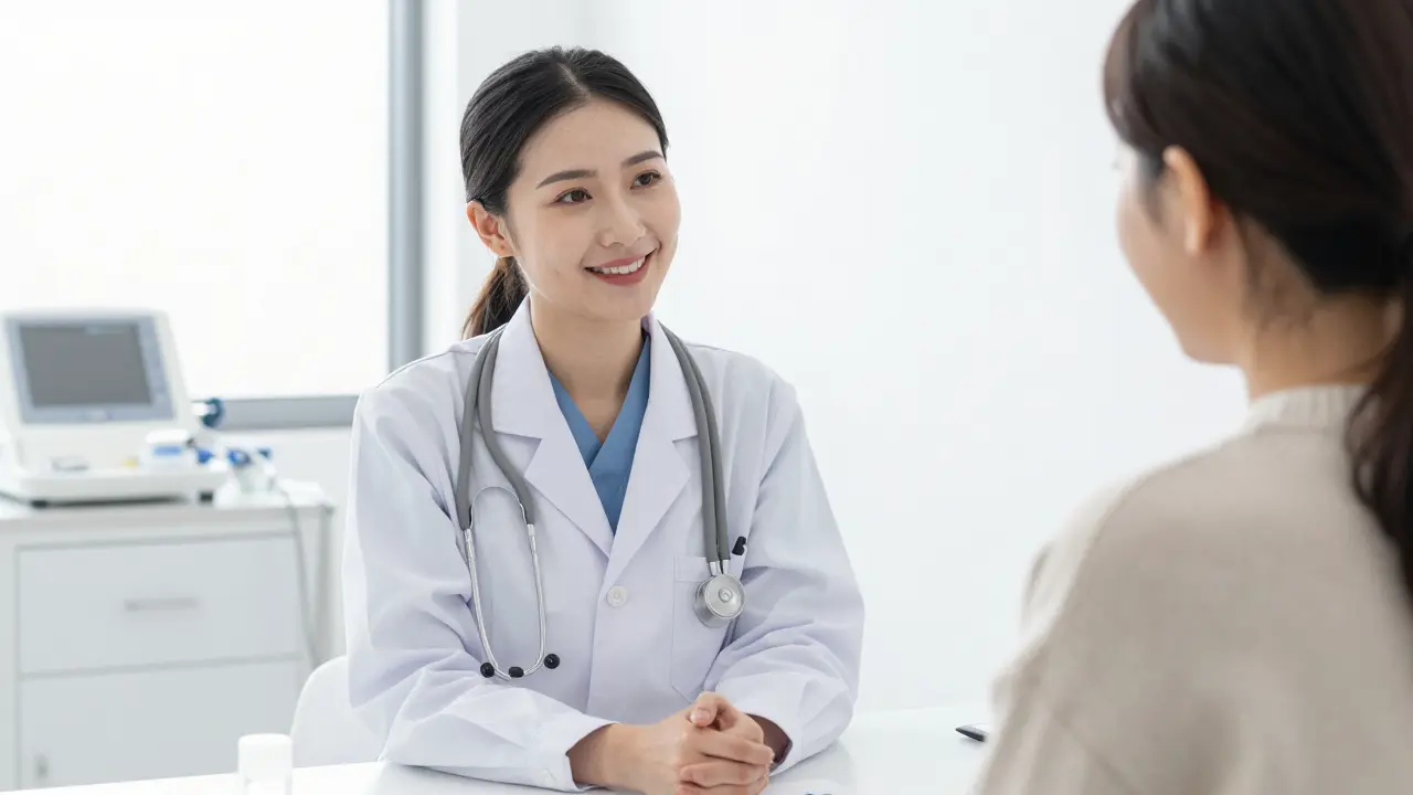 Empatická gynekoložka vysvětlující vyšetření pacientce