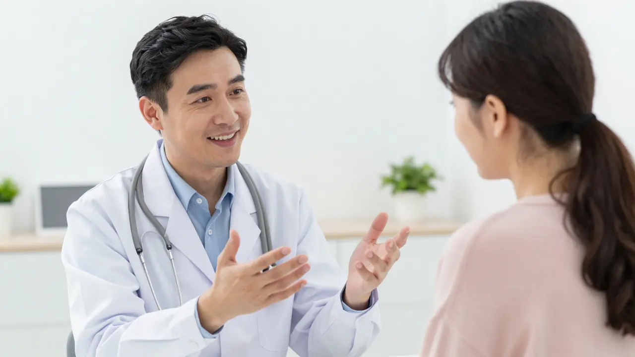 Gynekolog vysvětluje pacientce v klinice důležitost odborné péče
