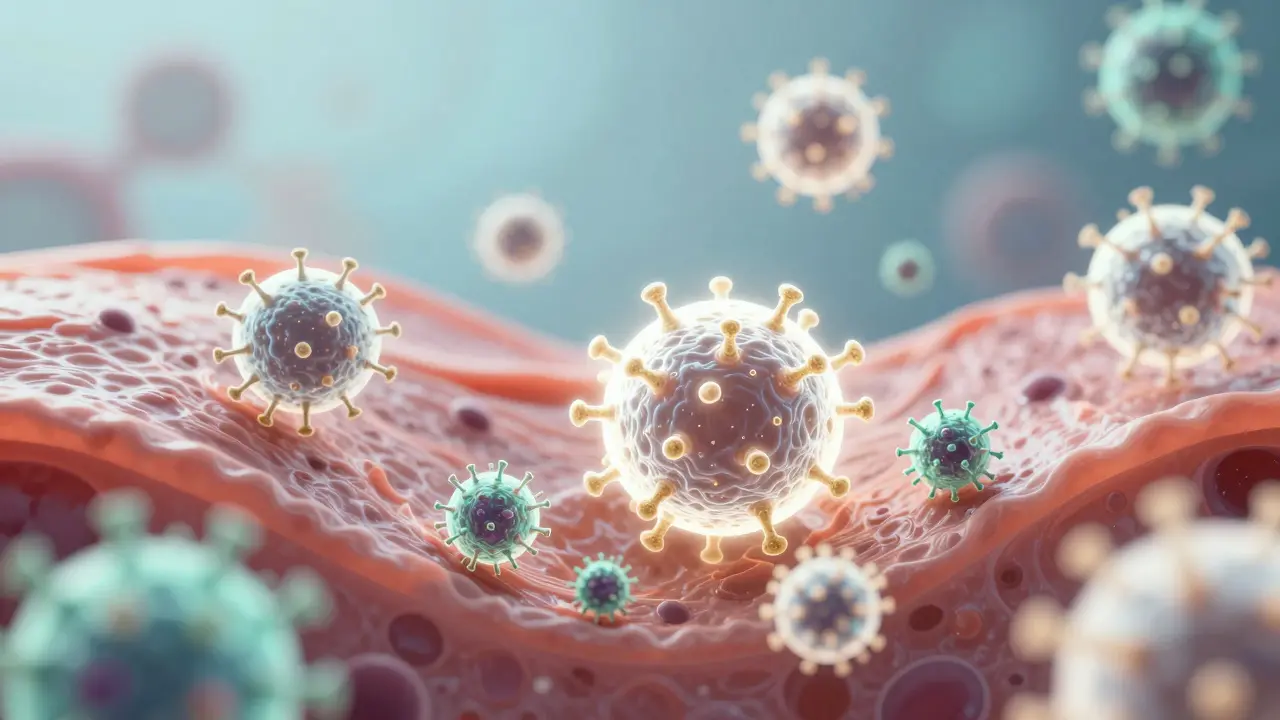 Konceptuální umění imunitních buněk bojujících proti virovým částicím