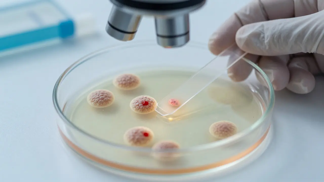 Mikroskopický pohled na buňky děložního hrdla při cytologickém vyšetření pro detekci změn.