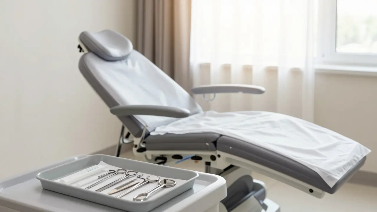 Moderní a čistá gynekologická ordinace s vyšetřovací židlí