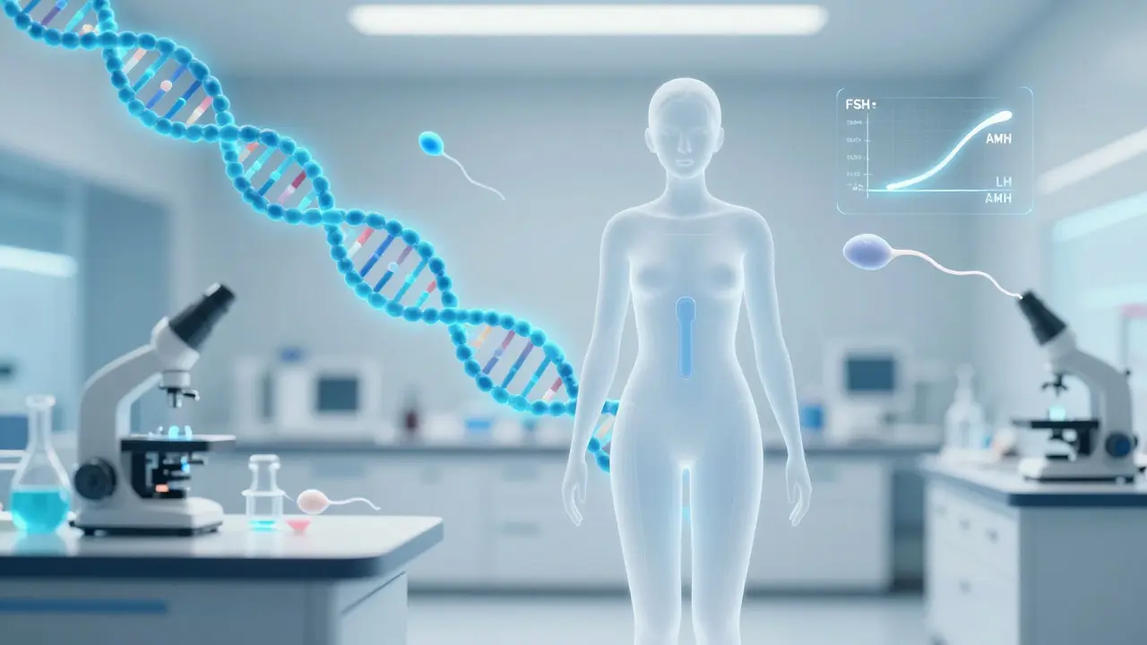 Moderní ilustrace zobrazující diagnostiku neplodnosti s vizualizací hormonů a DNA.