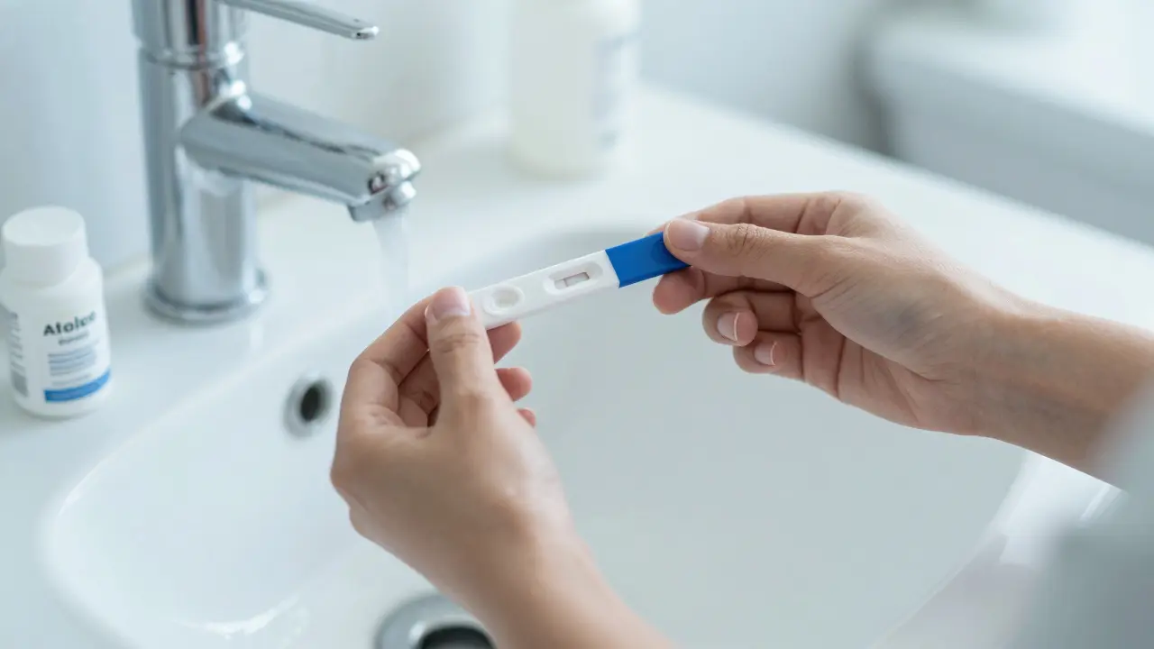 Ruce drží pozitivní těhotenský test vedle lahvičky s kyselinou listovou.