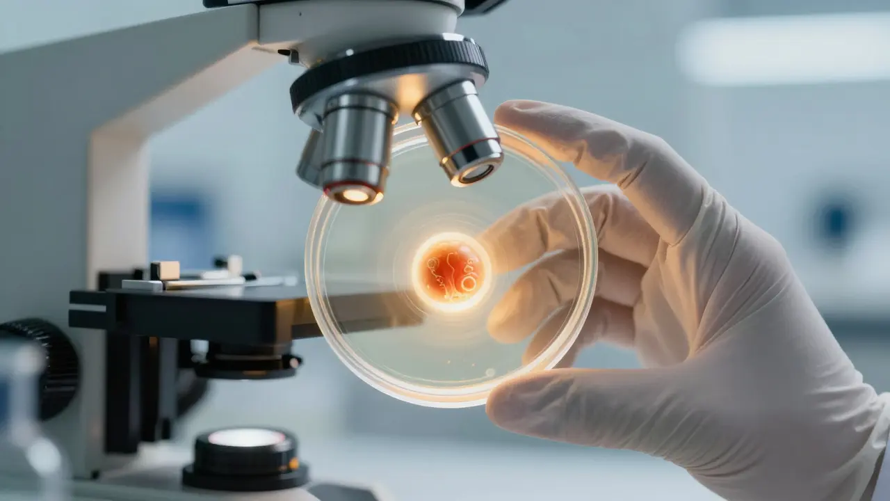 Záběr z laboratoře ukazující zářící embryo v misce jako symbol naděje při IVF.