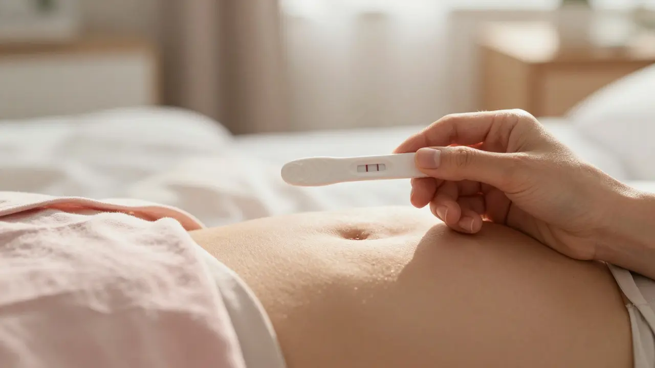 Žena drží pozitivní těhotenský test s nadějí a úlevou
