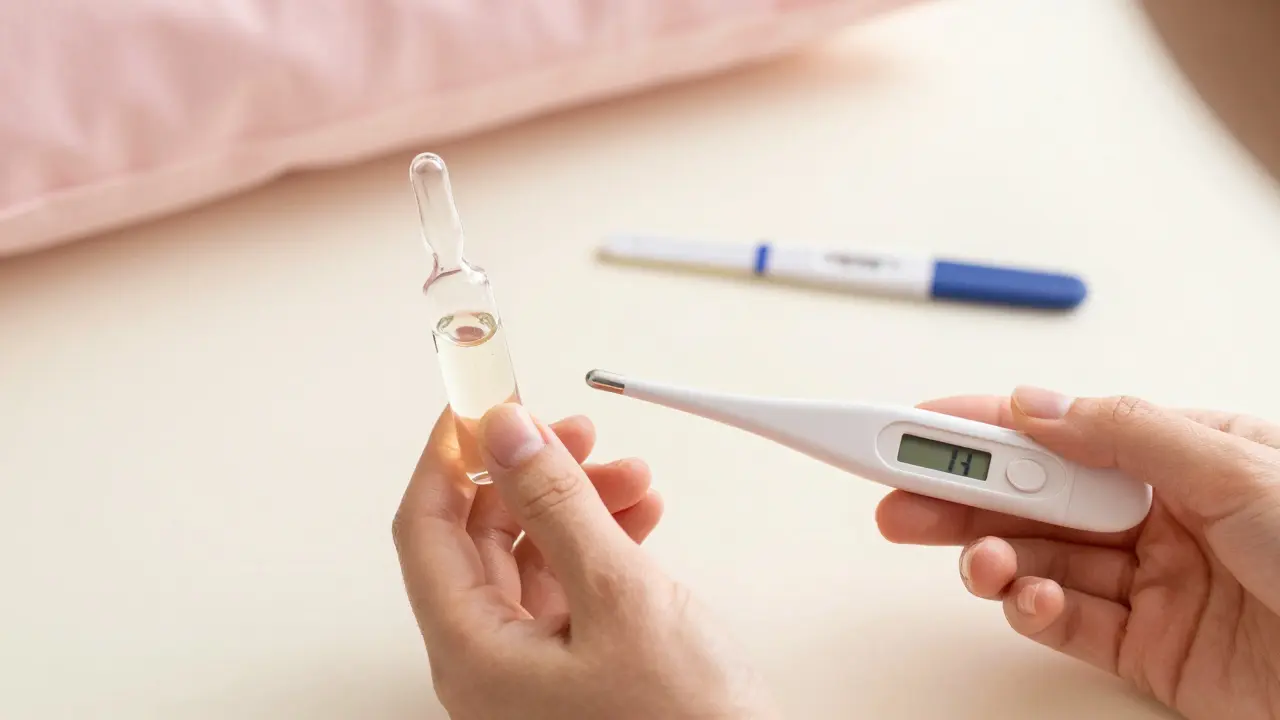 Žena sleduje plodné dny pomocí testu na ovulaci a bazální teploty v klidném ránu.