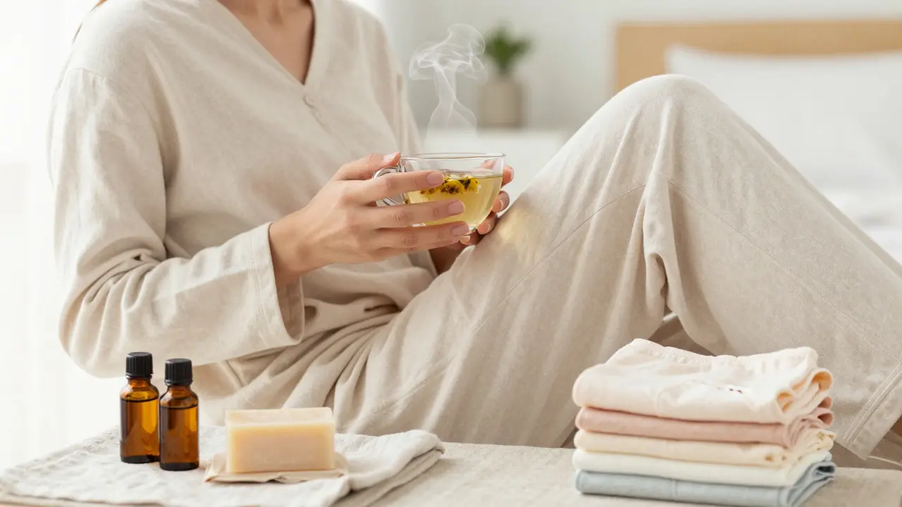 Žena v bavlněném oblečení s čajem, symbolizující relaxaci a prevenci kvasinek.