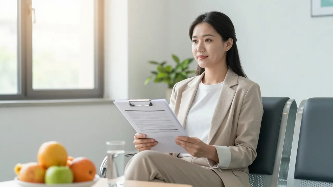 Žena v moderním gynekologickém ordinaci s dokumenty, symbolizující preventivní péči.