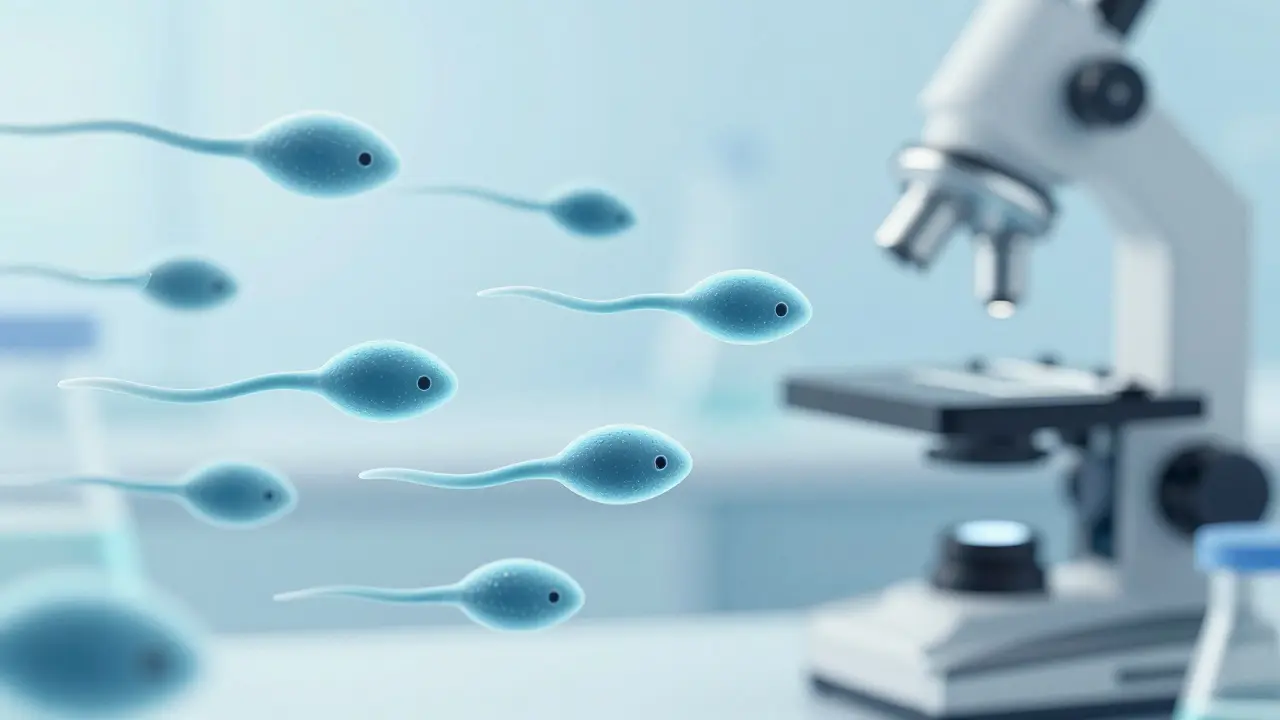 Abstraktní ilustrace spermií plavajících k vajíčku v laboratorním prostředí
