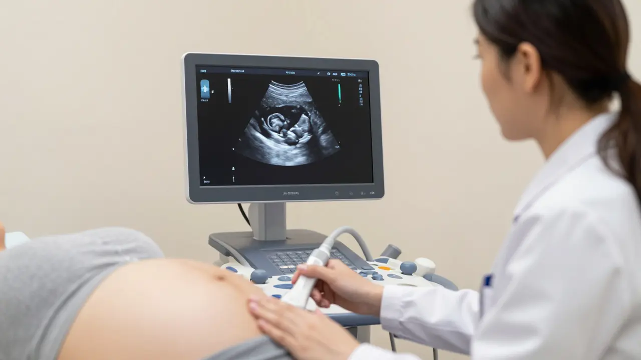 Lékař provádí ultrazvukové vyšetření těhotné ženy