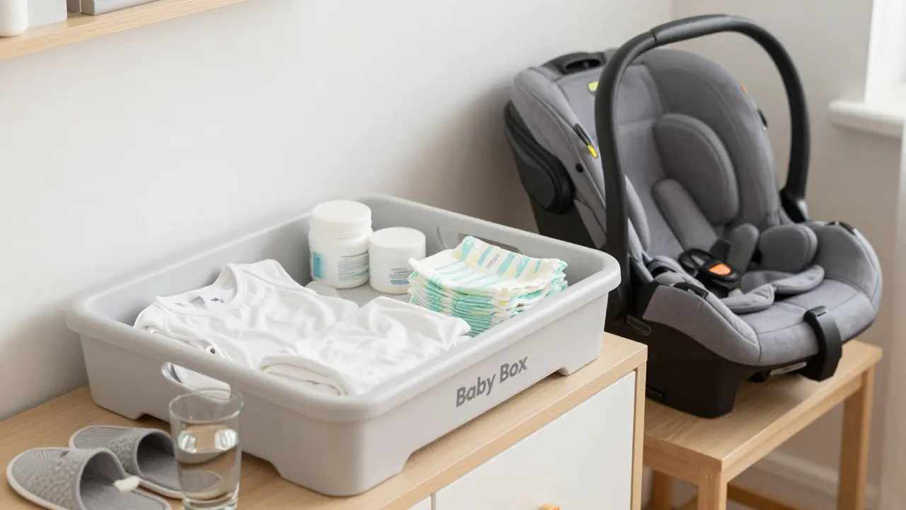 Připravený baby box a autosedačka v útulné dětské pokojíčku