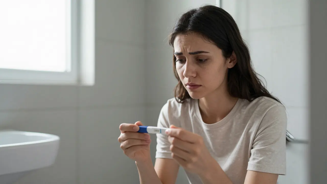 Žena čekající na výsledek těhotenského testu v koupelně