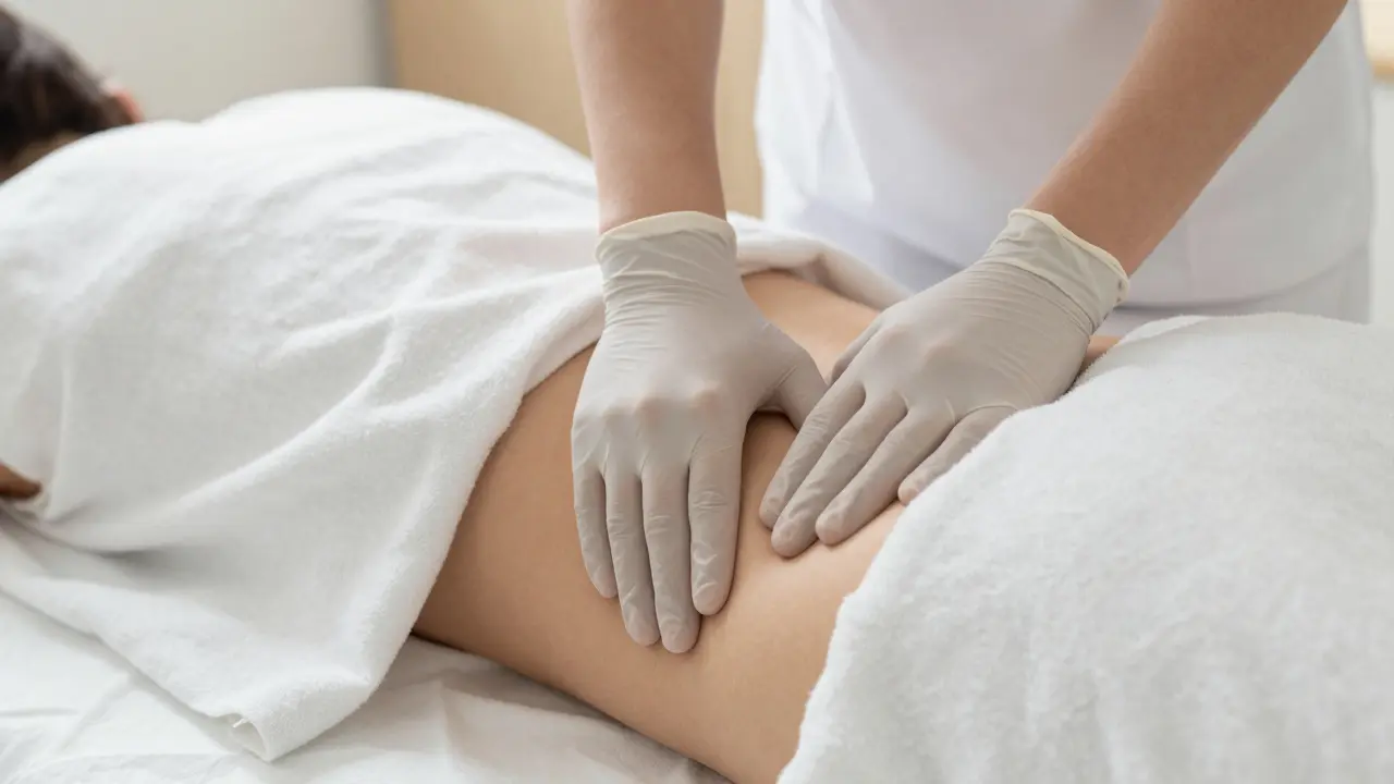 Fyzioterapeut vyšetřuje pánevní dno pacientky