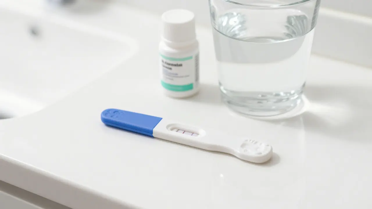 Pozitivní těhotenský test na koupelnovém pultu s doplňky stravy