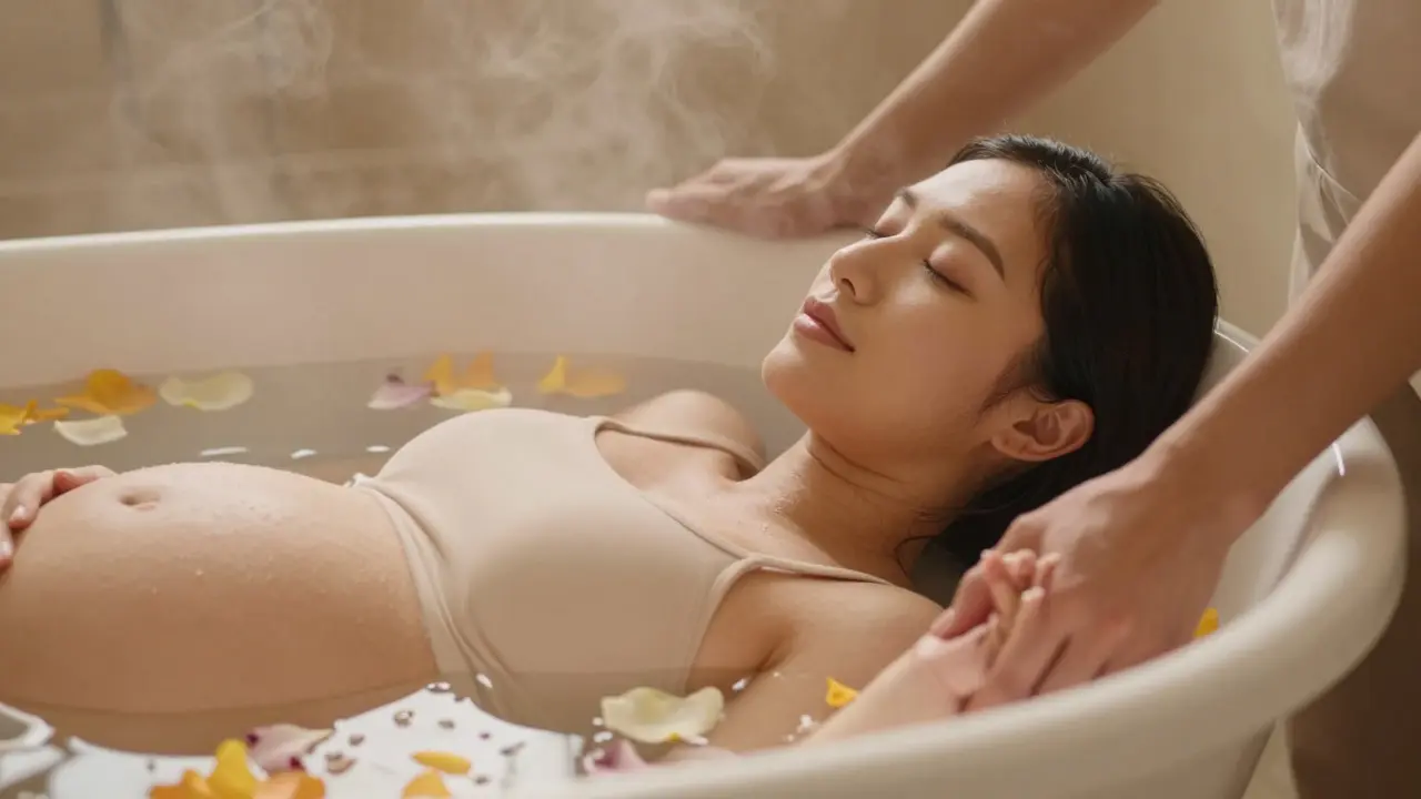 Relaxační koupel těhotné ženy pro přípravu na porod