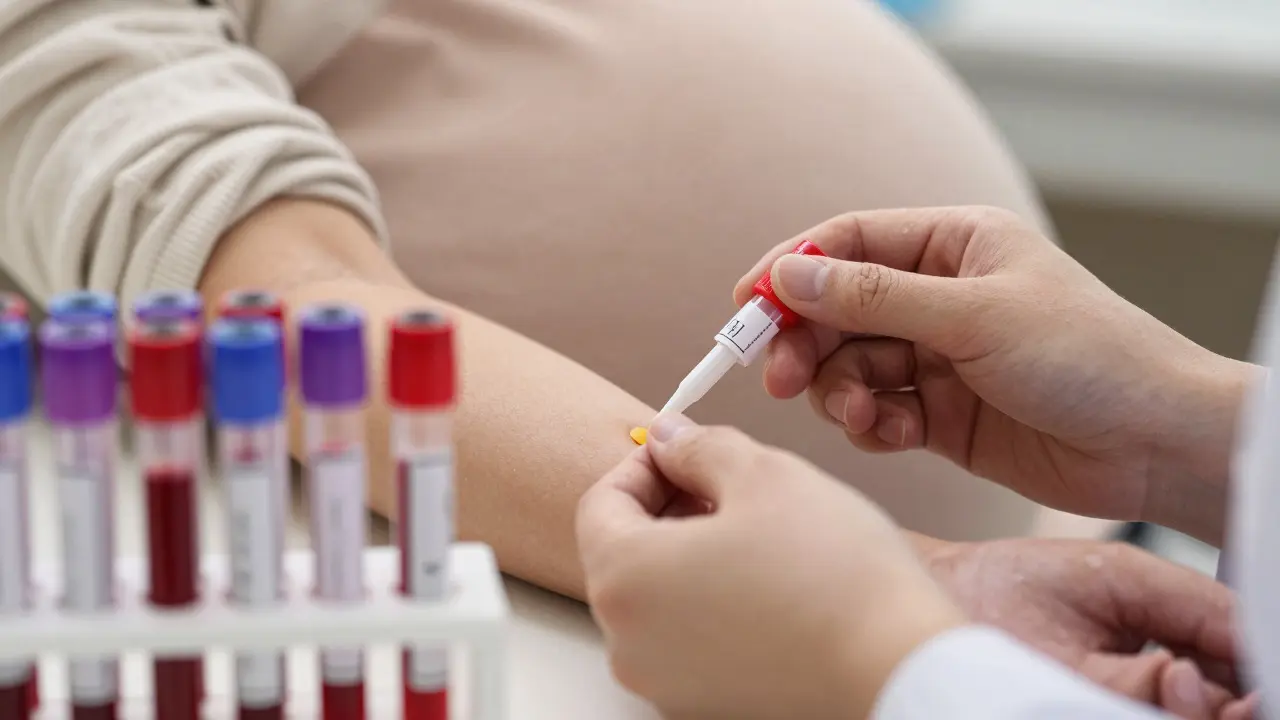 Záběr na odběr krve těhotné ženy a zkumavky v laboratoři
