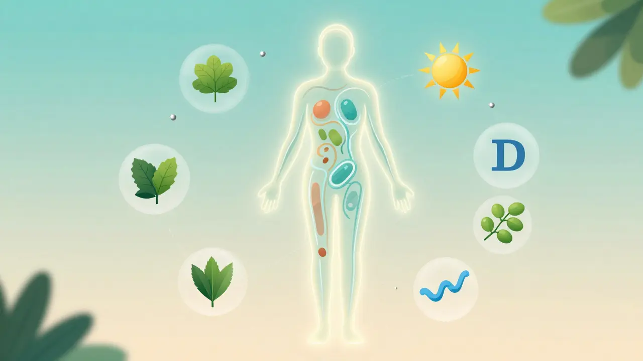 Abstraktní ilustrace lidské postavy obklopené živinami jako zinek a omega-3