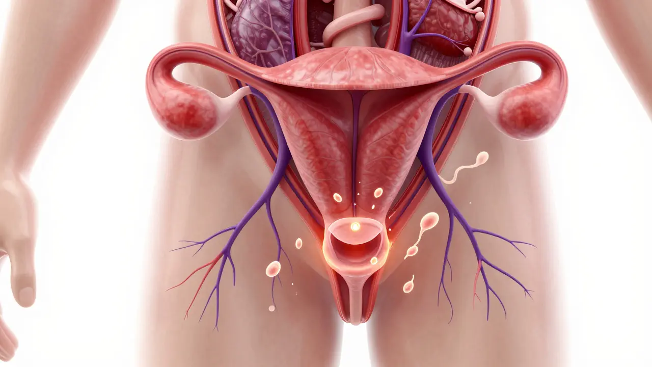 Anatomická ilustrace varikokély a spermií v mužském reprodukčním systému