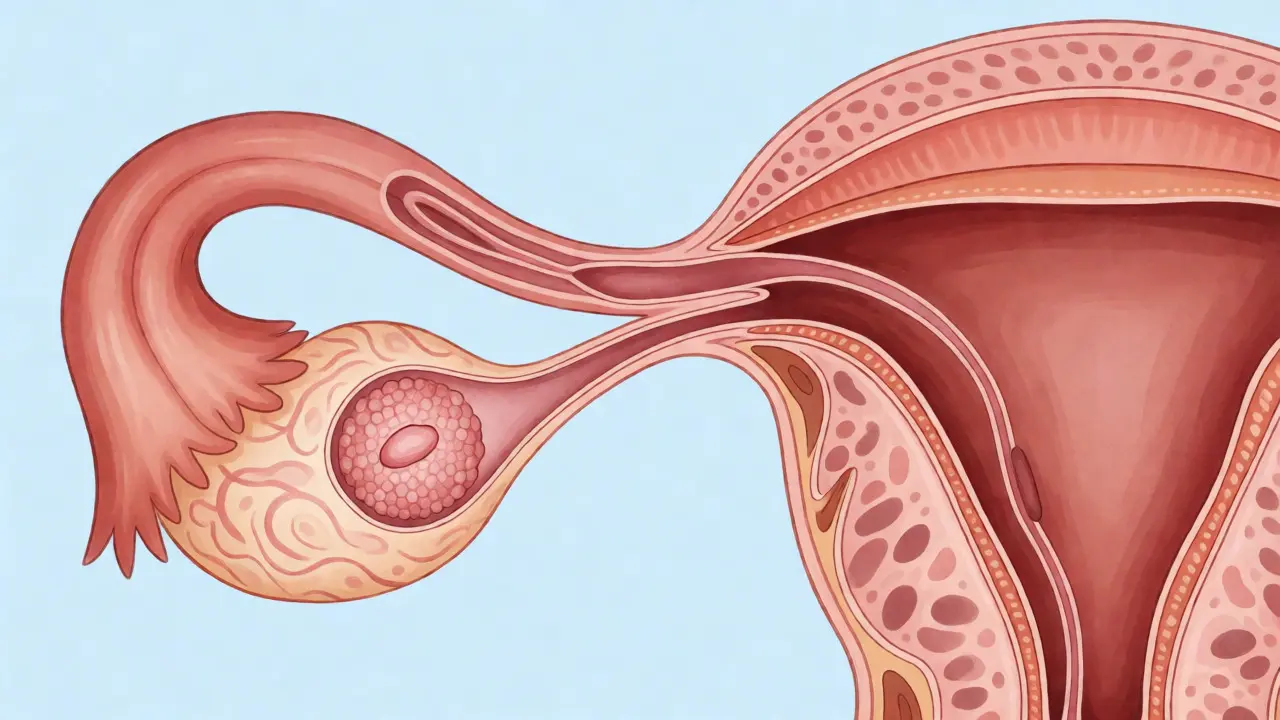 Ilustrace oplodnění vajíčka spermii v vejcovodu s detailním anatomickým zobrazením.